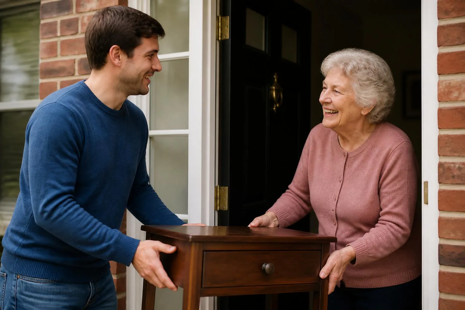 Helper moving furniture for an elderly homeowner