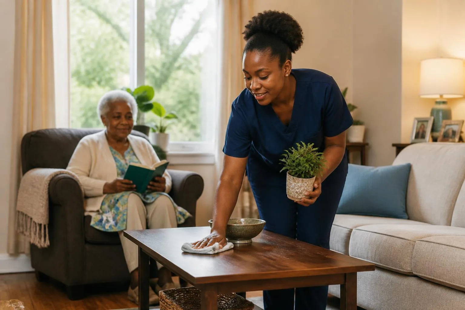 A caregiver gently cleaning and organizing a cozy living space.