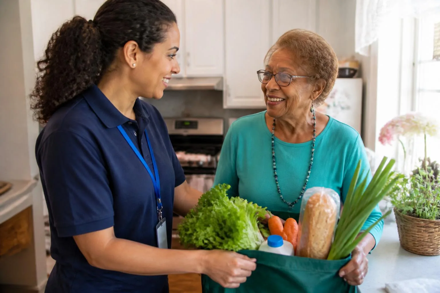 Fresh groceries delivered to a community member at home.