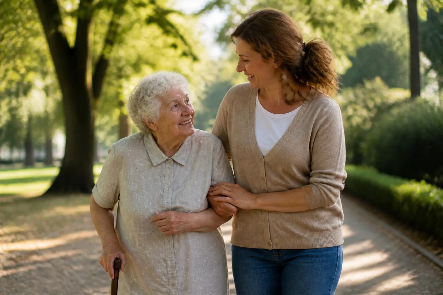 Companion walking with an elderly person in a sunny park