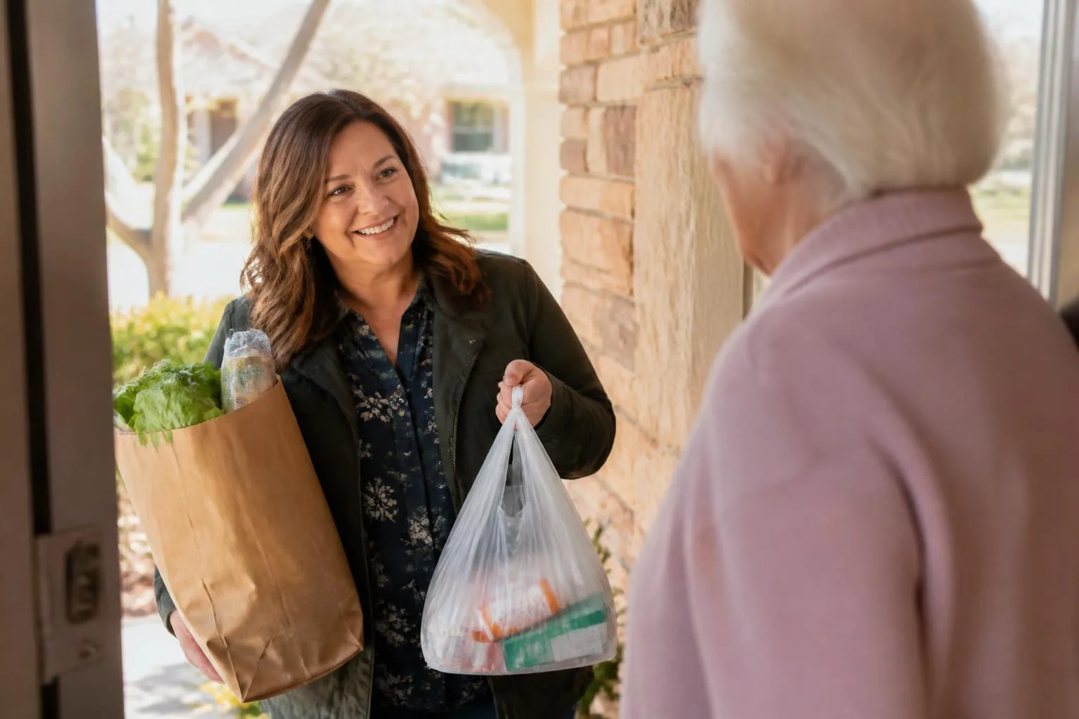Helper delivering groceries to an elderly person's door