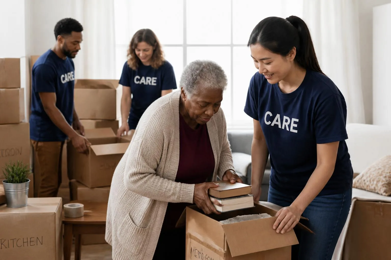 Helping hands packing boxes during a home move.