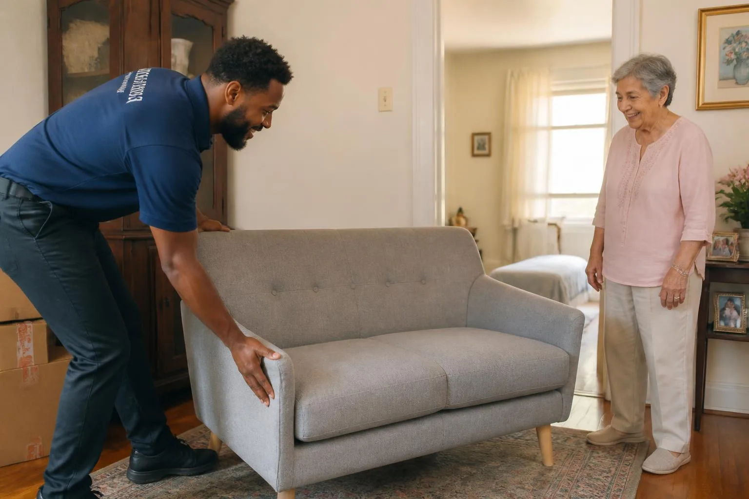 A caregiver carefully moving and arranging furniture for a senior.