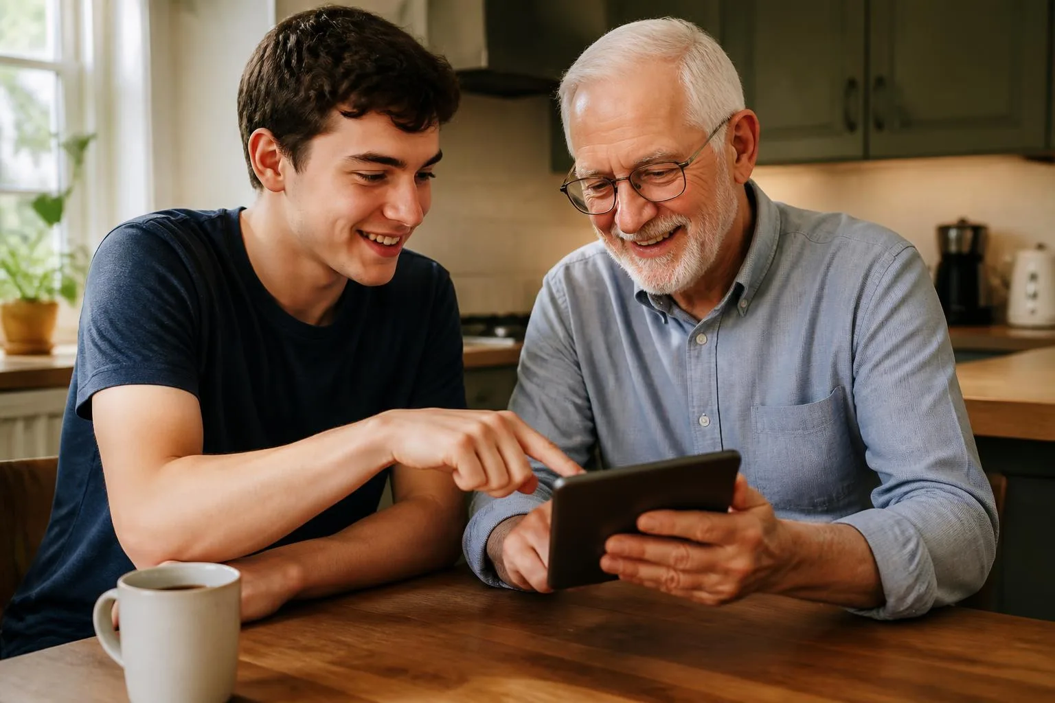 Young person helping a senior use a tablet